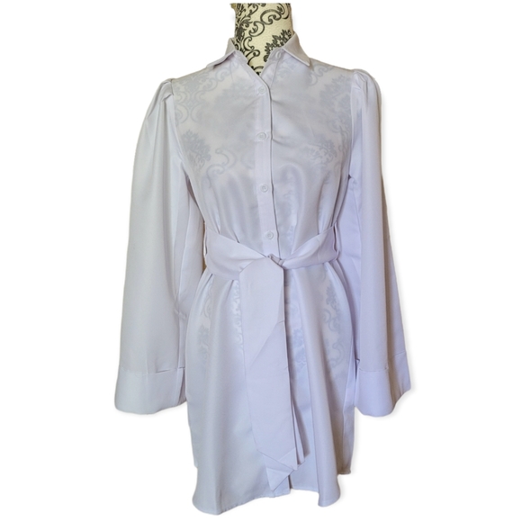 PrettyLittleThing White Flare Puff Sleeve Tie Waist Shirt Dress size 4 - Picture 3 of 13